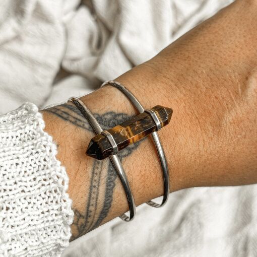 Bracelete Duplo com Pedra Olho de Tigre de Prata