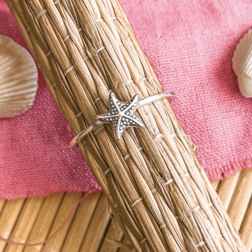 Anel Estrela do Mar de Prata Envelhecida