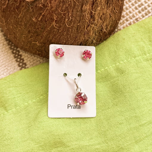 Conjunto Brinco e Pingente Zirconia Rosa  de Prata