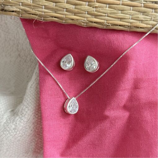 Brinco e Corrente com Pingente Gota de Prata