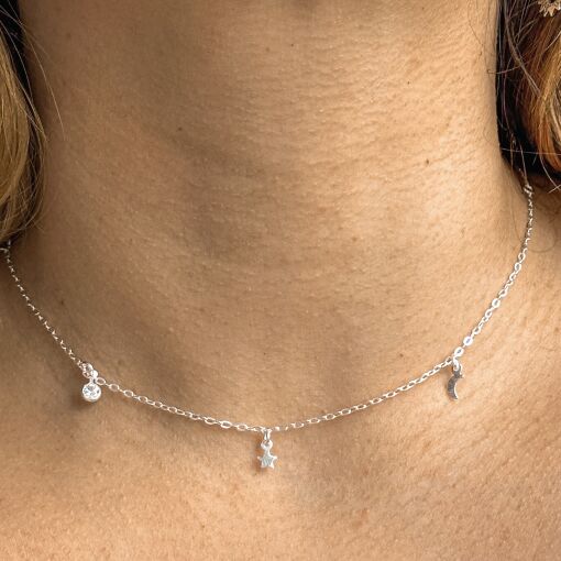 Choker de Prata com Pingete de Zirconia, Estrela e Lua