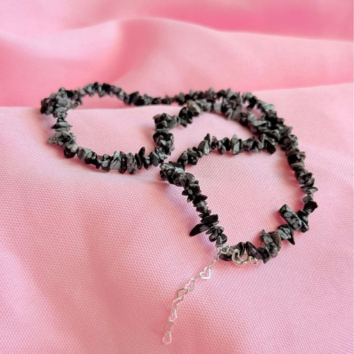 Colar de Pedra Cascalho Obsidiana Negra com Floco