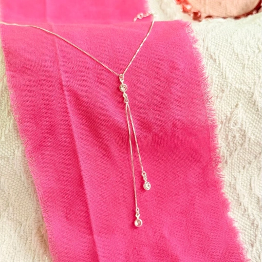 Choker de Prata com Pingente Fio Duplo com Zirconia