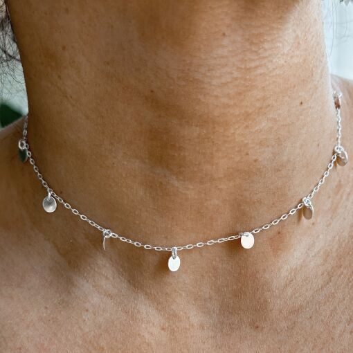 Choker de Prata com Pingentes de Circulos 32cm