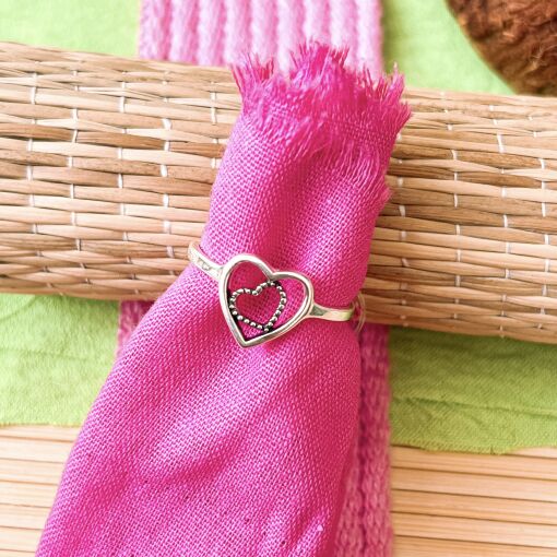 Anel Coração Duplo de Prata Envelhecida