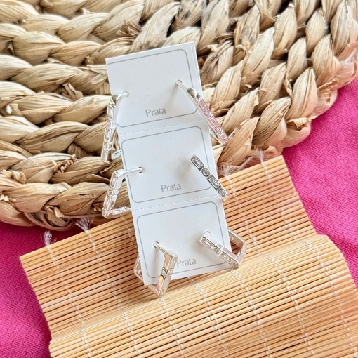 Trio Argolinha Quadrada com Zirconias de Prata M2