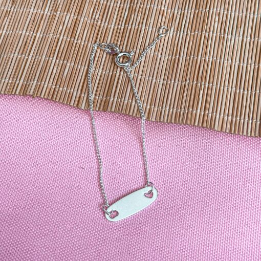 Pulseira de Prata em Malha Groumet com Placa e Coração 16cm
