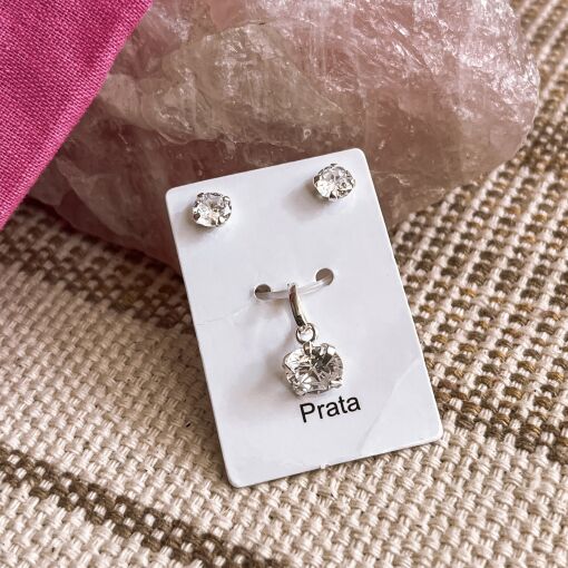 Brinco e Pingente Zirconia Branco de Prata