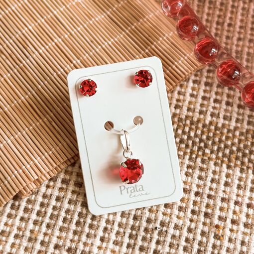 Brinco e Pingente Zirconia Vermelho de Prata