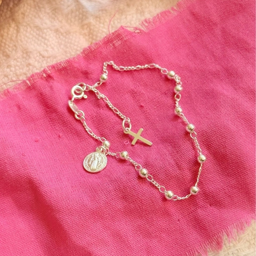 Pulseira Terço com Medalhão São Bento de Prata