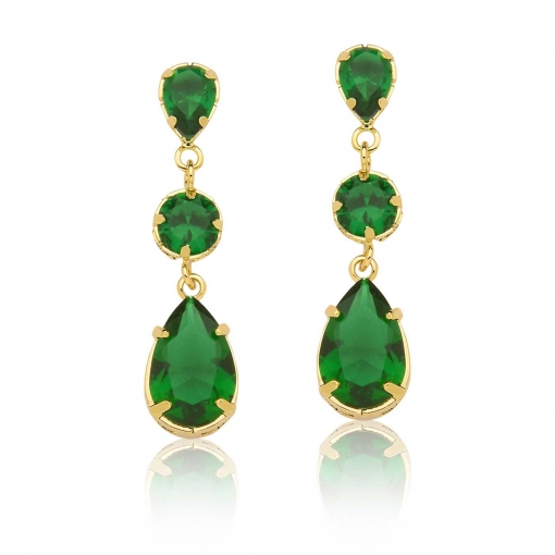 Brinco com duas pedras em gota e uma pedra redonda no meio