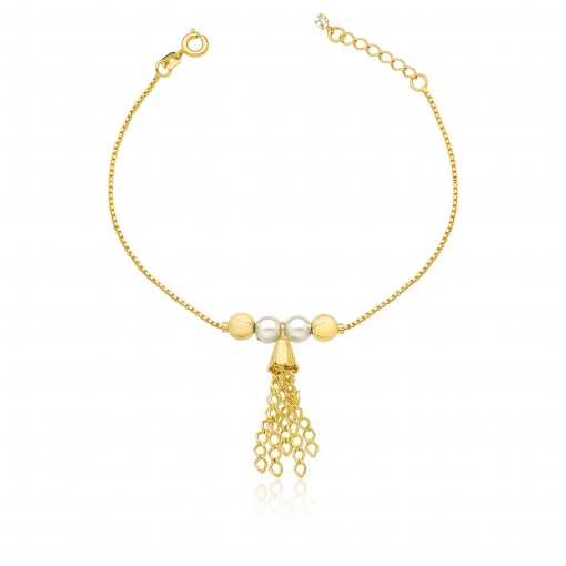 Pulseira com bolas lisas e perolas e pendurados de correntes