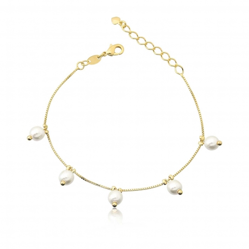 Pulseira com corrente veneziana e pérolas menores penduradas