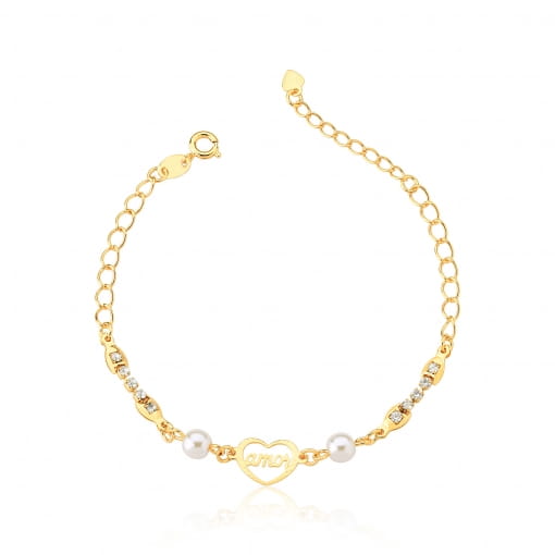 Pulseira parte com strass, duas pérolas e coração escrito amor