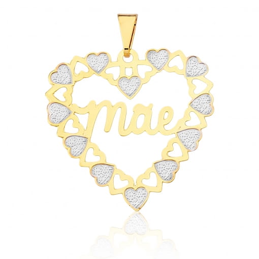 Pingente de coração vazado com corações pequenos e escrito mãe