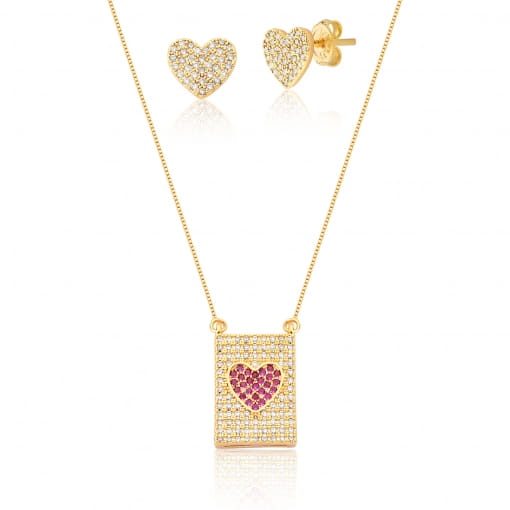 Conjunto com brinco de coração e pingente de placa com coração