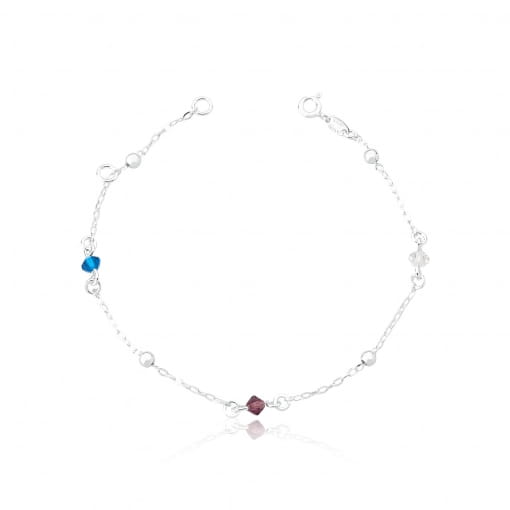 Pulseira de prata com bolinhas lisas e pedras coloridas