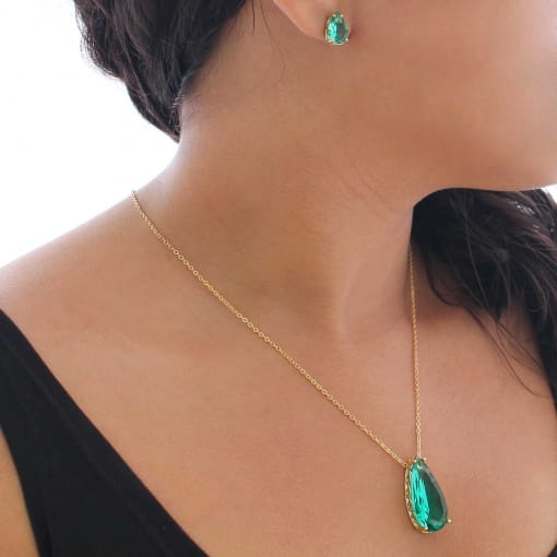 Conjunto de pedra em gota com corrente estilo elo português