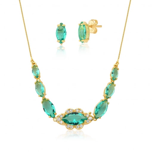 Conjunto com brinco e pingente pedra formato navete