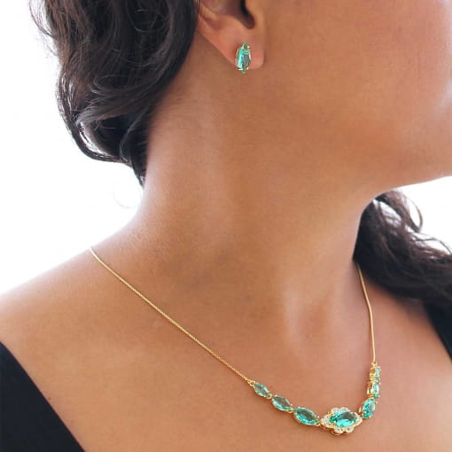 Conjunto com brinco e pingente pedra formato navete