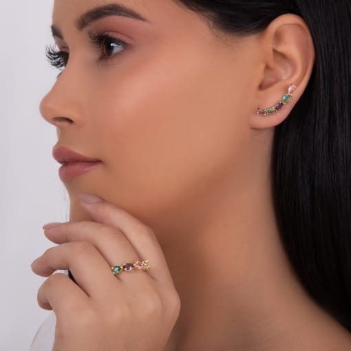 Brinco estilo ear cuff com zircônias formato gota cores variadas