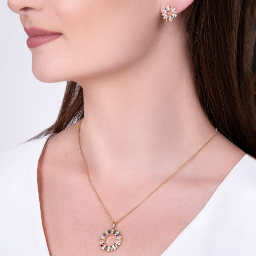Conjunto brinco e pingente redondos com zircônias retangular