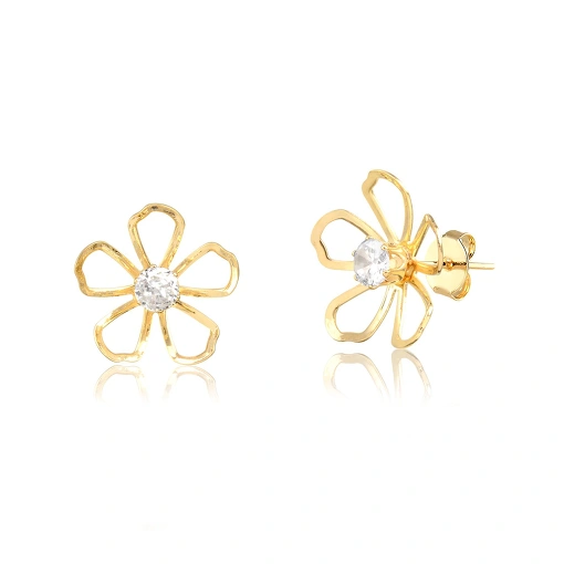 Brinco folheado design flor abaulada com zircônia ao centro