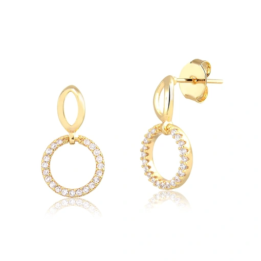 Brinco folheado círculo cravejado zircônia base formato navete