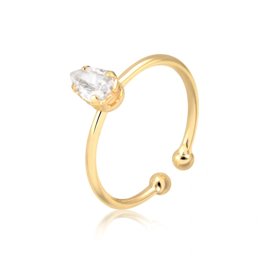 Anel folheado estilo solitário zircônia formato gota e regulável