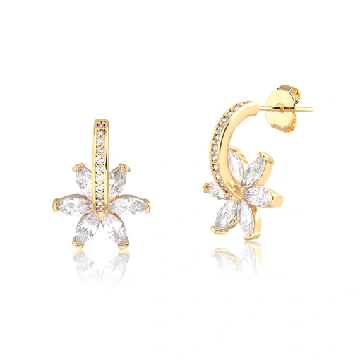 Brinco flor com zircônia fixada base abaulada cravejada zircônia