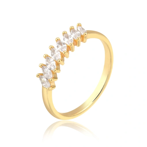 Anel folheado estilo meia aliança zircônias formato navete