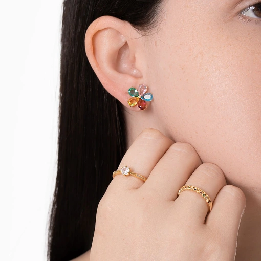 Anel folheado solitário zircônia central micro zircônia lateral