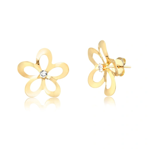 Brinco folheado formato flor pétala abaulada zircônia ao centro
