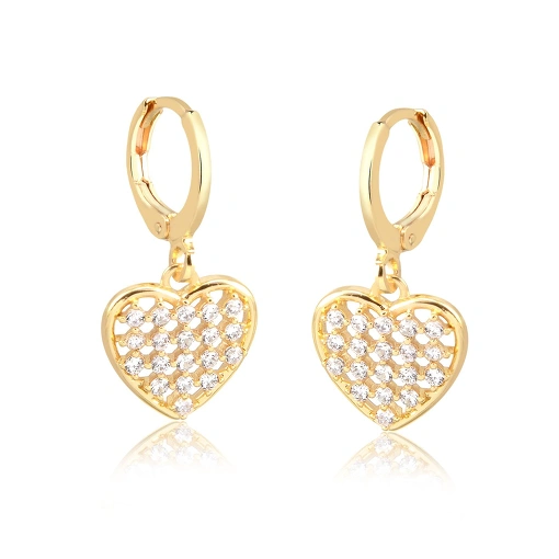 Brinco argola folheado pingente coração com zircônias espaçadas