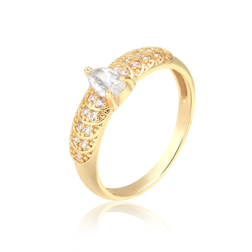 Anel folheado com zircônia gota e laterais rendadas e zircônias