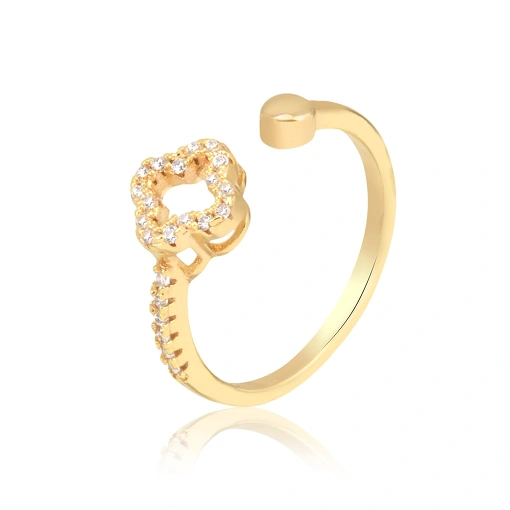 Anel folheado regulável trevo 4 folhas cravejado com zircônias