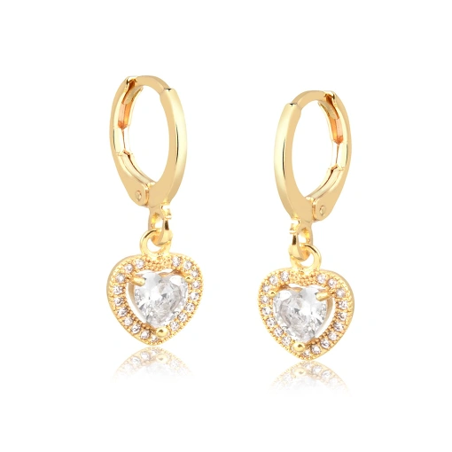 Brinco argola pingente coração com zircônias e zircônia central