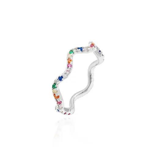 ANEL ONDULADO INTEIRO CRAVEJADO COM ZIRCONIAS RAINBOW