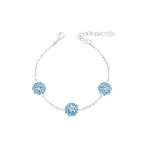 PULSEIRA ELOS PORTUGUESES TRES FLORES DE OITO PETALAS E PONTO DE