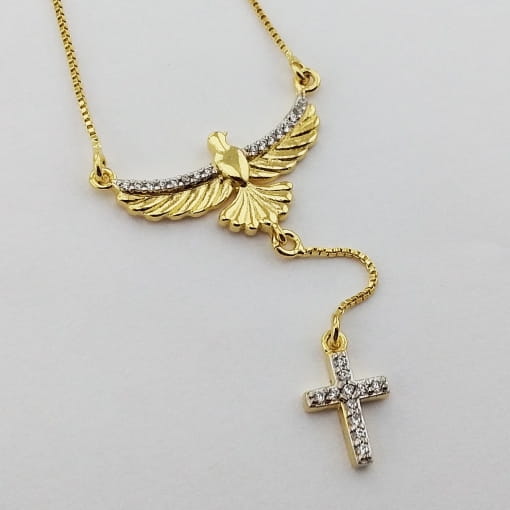 Colar Espirito Santo com Zircônias e Cruz Pendente
