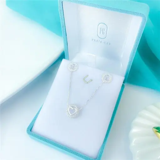 CONJUNTO CORAÇÃO REDONDO VAZADO + CAIXA DE VELUDO