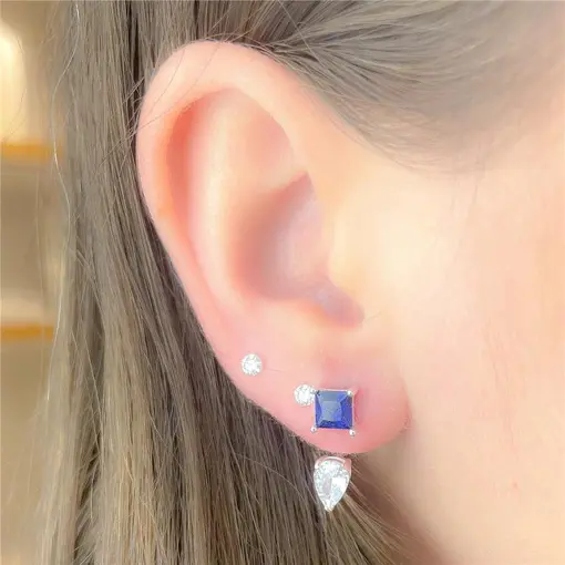 BRINCO EAR JACKET PEDRA QUADRADA SAFIRA E GOTA
