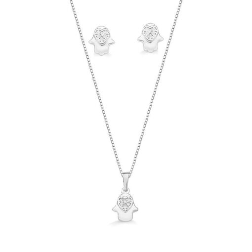 CONJUNTO MÃO DE FÁTIMA CORAÇÃO ZIRCÔNIA