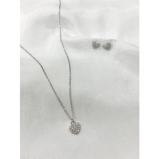 CONJ. GARG. BR. E PING. CORAÇÃO CRAVEJADO C/ ZIRC. PRATA C/ RODI