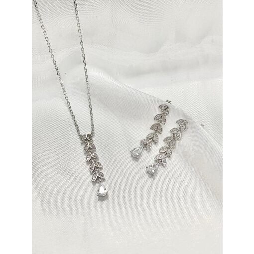 CONJ. GARG. BR E PING. FOLHAS C/ ZIRC. E 1 GOTA PRATA C/ RODIO