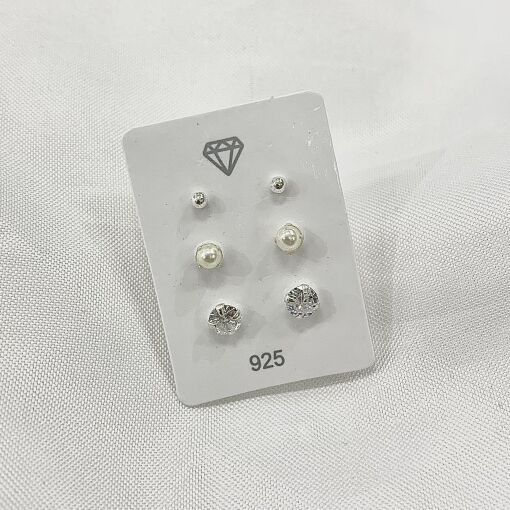 BRINCO TRIO PEROLA ZIRCONIA E BOLINHA LISA PRATA