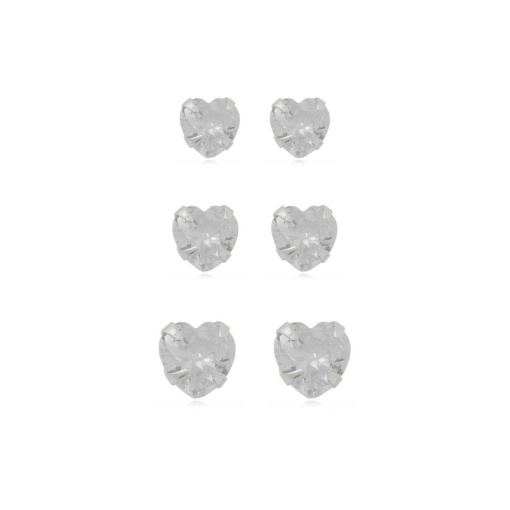 BRINCO TRIO CORAÇÃO ZIRCONIA 3 / 4 / 5 MM PRATA