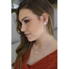 CONJUNTO DE BRINCO E COLAR CRAVEJADO DE MICRO ZIRCÔNIAS E PÉROLA