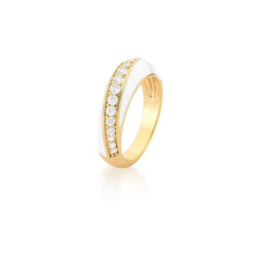 ANEL ESMALTADO BRANCO COM ZIRCÔNIAS BRANCAS BANHADO A OURO