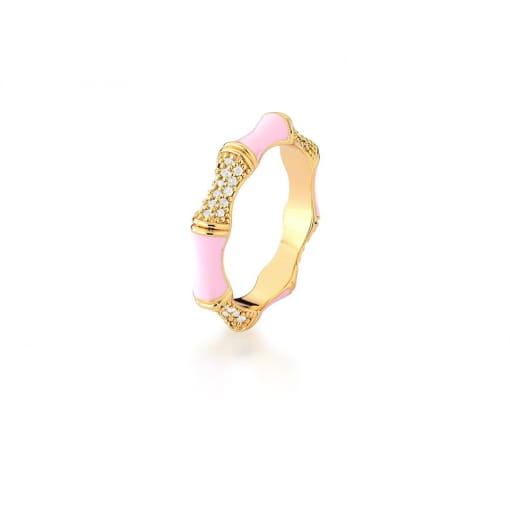 ANEL ESMALTADO ROSA CRAVAÇÃO DE ZIRCÔNIAS BRANCAS BANHADO A OURO